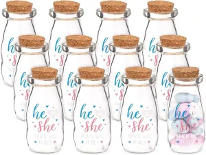 12 Pack He or She Milk Jars for Gender Reveal Party Favors, 4 Oz Glass Bottles with Cork Lids for Baby Shower Decorations (4 In)