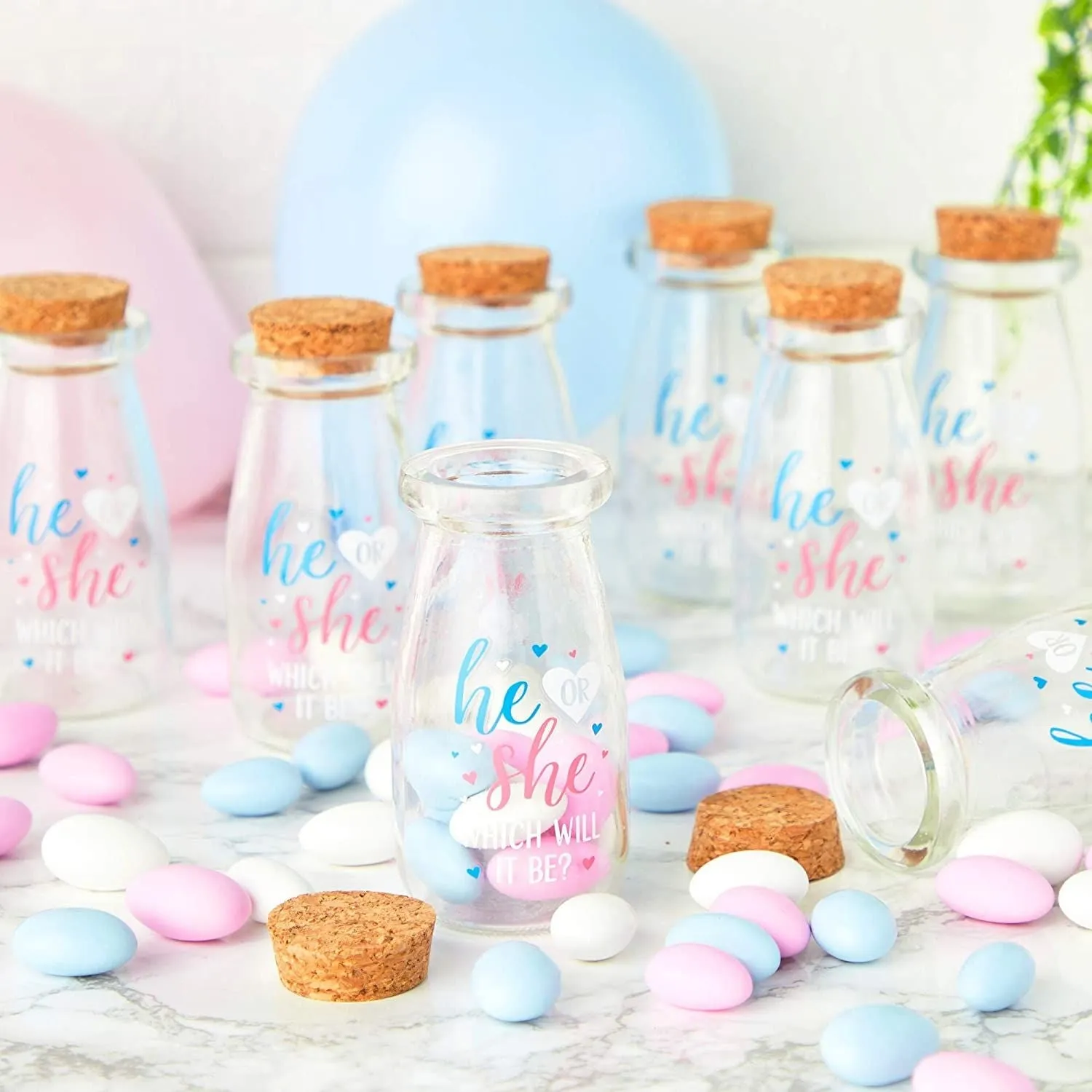 12 Pack He or She Milk Jars for Gender Reveal Party Favors, 4 Oz Glass Bottles with Cork Lids for Baby Shower Decorations (4 In)