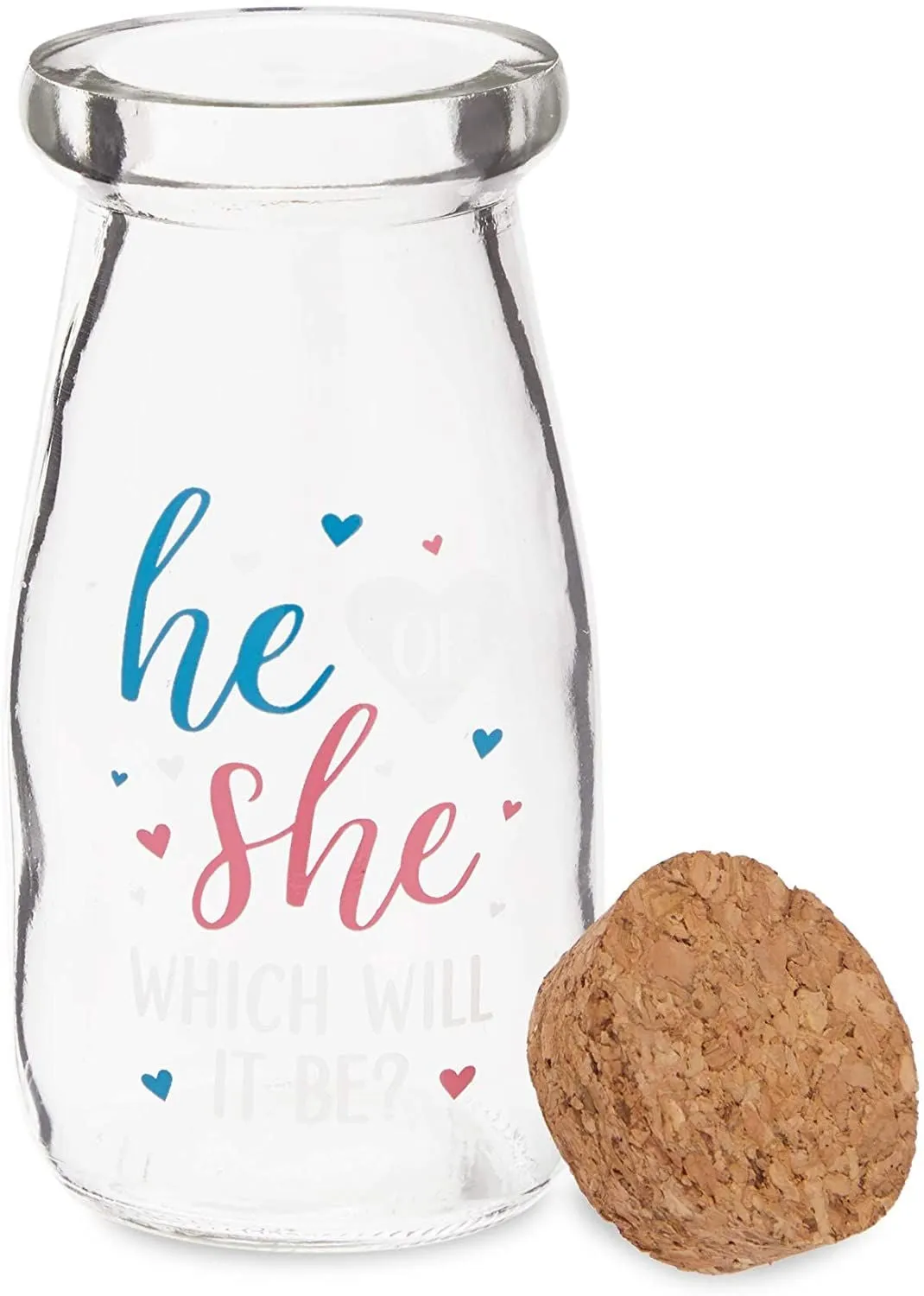 12 Pack He or She Milk Jars for Gender Reveal Party Favors, 4 Oz Glass Bottles with Cork Lids for Baby Shower Decorations (4 In)