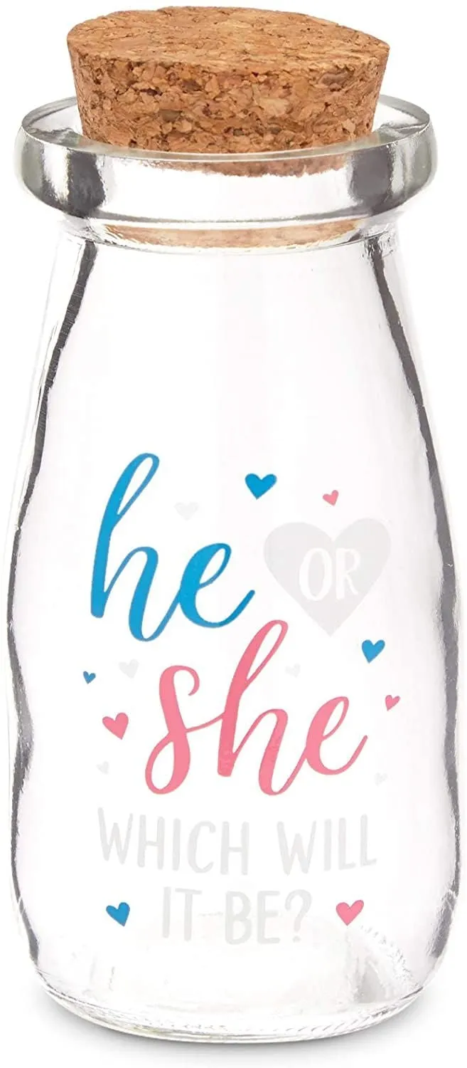 12 Pack He or She Milk Jars for Gender Reveal Party Favors, 4 Oz Glass Bottles with Cork Lids for Baby Shower Decorations (4 In)