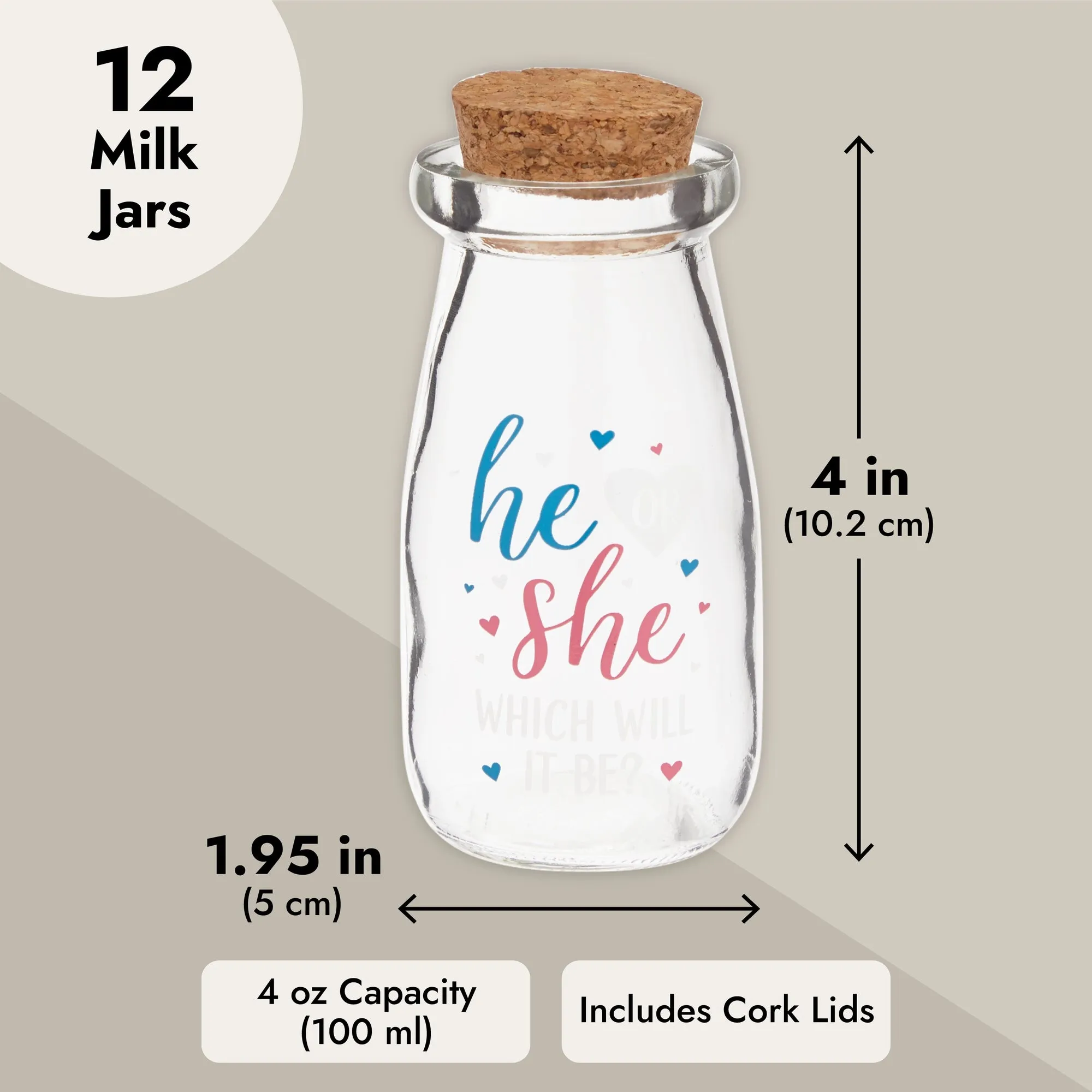 12 Pack He or She Milk Jars for Gender Reveal Party Favors, 4 Oz Glass Bottles with Cork Lids for Baby Shower Decorations (4 In)