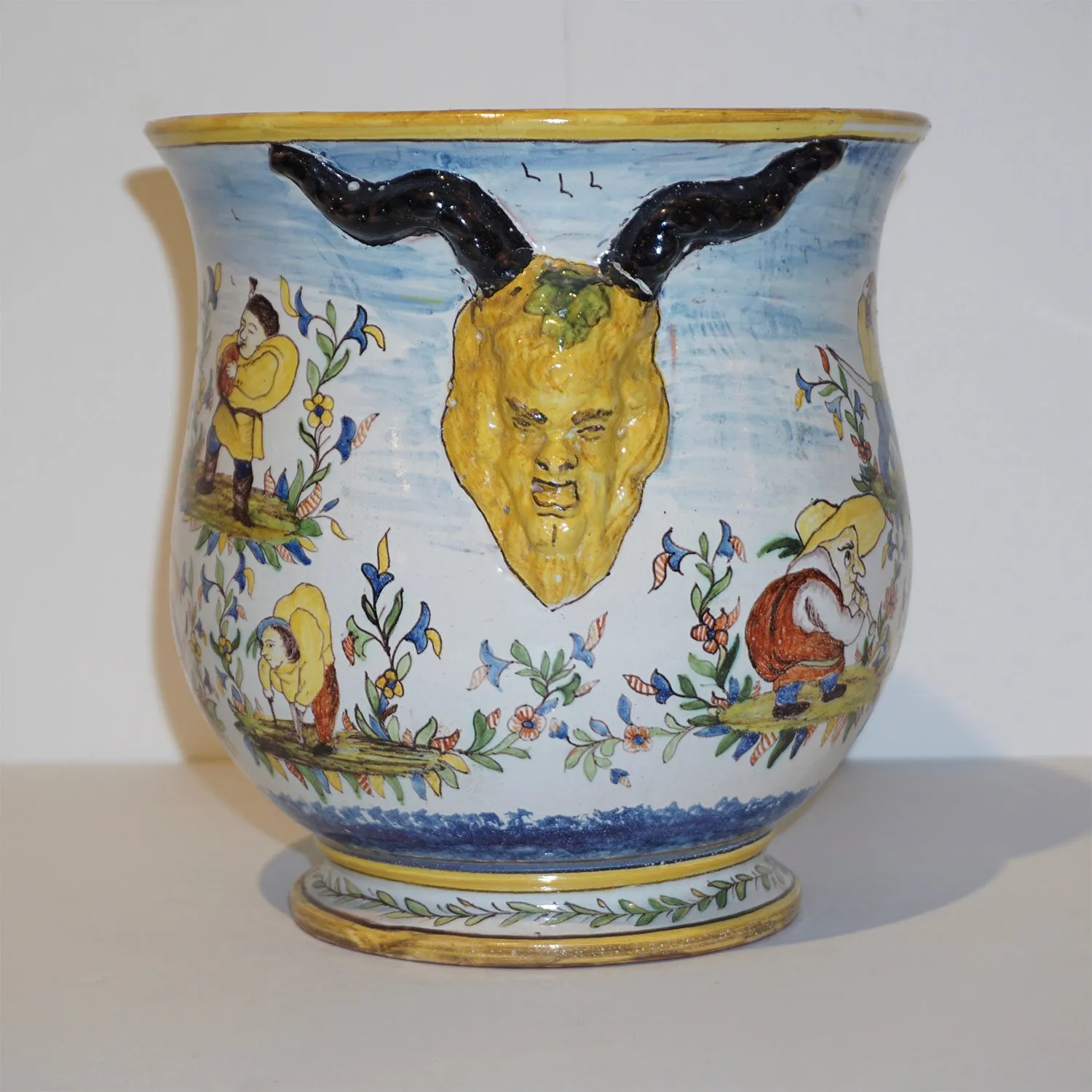 1870s French Pair of Yellow Blue Green Red White Majolica Jardinières / Vases
