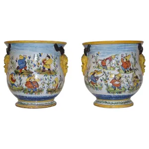 1870s French Pair of Yellow Blue Green Red White Majolica Jardinières / Vases