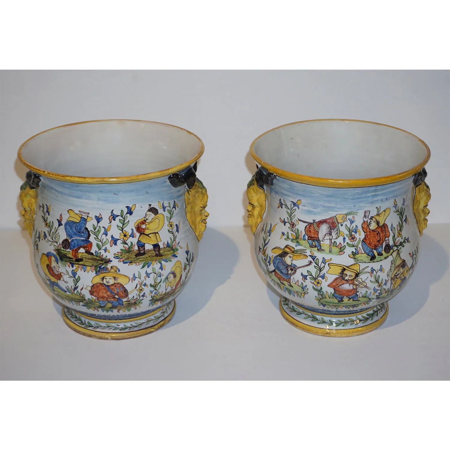 1870s French Pair of Yellow Blue Green Red White Majolica Jardinières / Vases