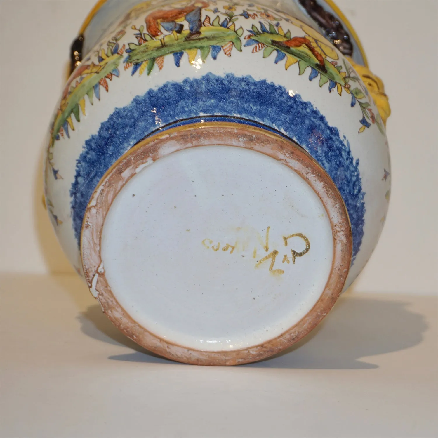 1870s French Pair of Yellow Blue Green Red White Majolica Jardinières / Vases