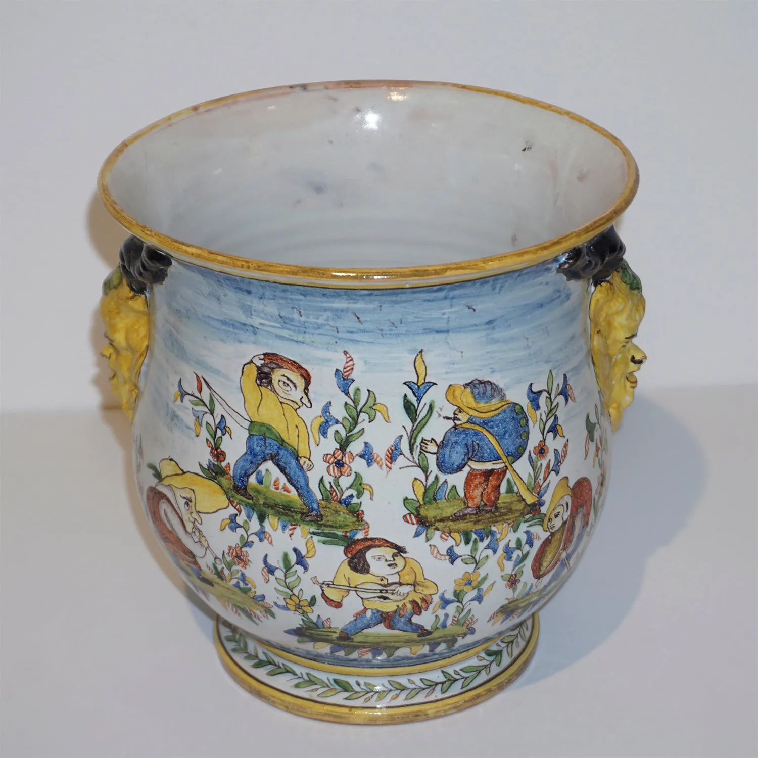 1870s French Pair of Yellow Blue Green Red White Majolica Jardinières / Vases