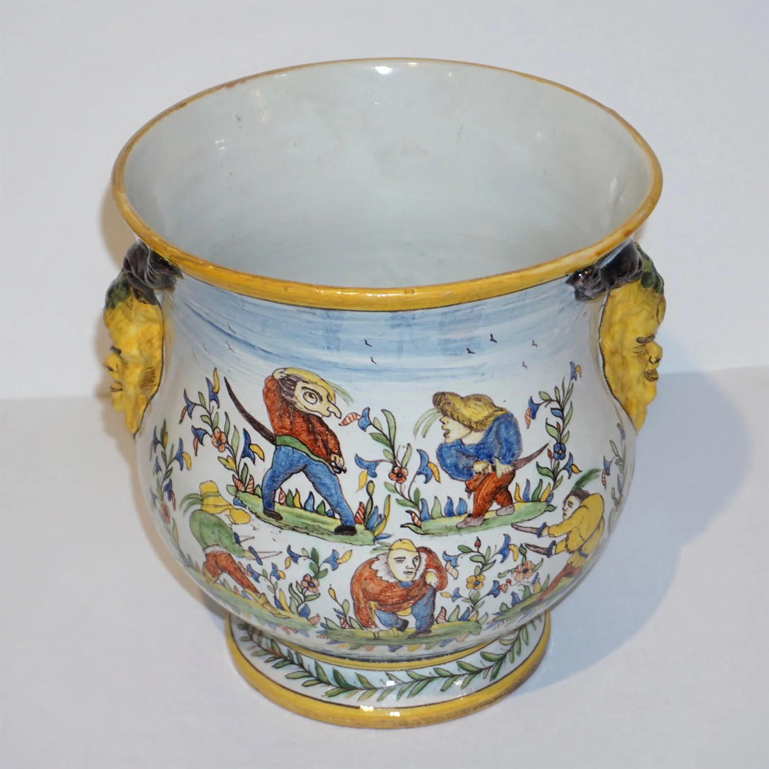 1870s French Pair of Yellow Blue Green Red White Majolica Jardinières / Vases