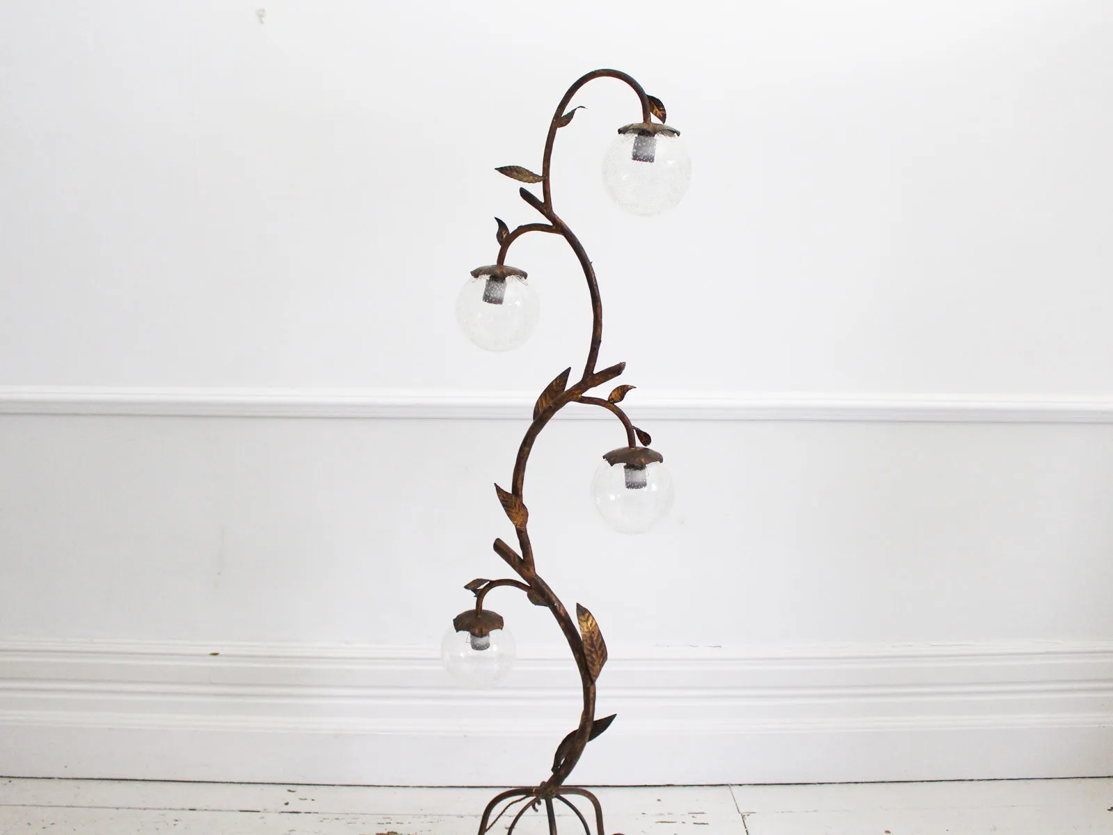 1930's Four Light Gilt Tole Floor Light with Glass Globes