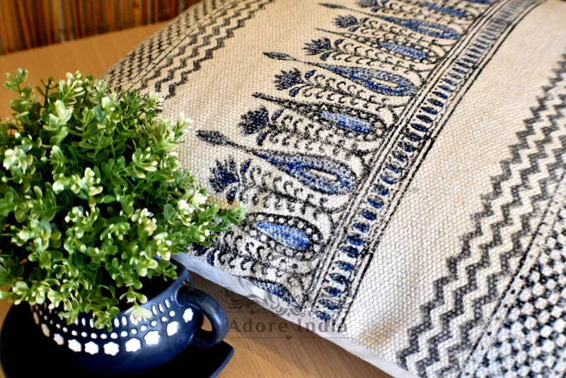 Block Print Tilak Cotton Dari Cushion Cover Blue Size 65x65cm