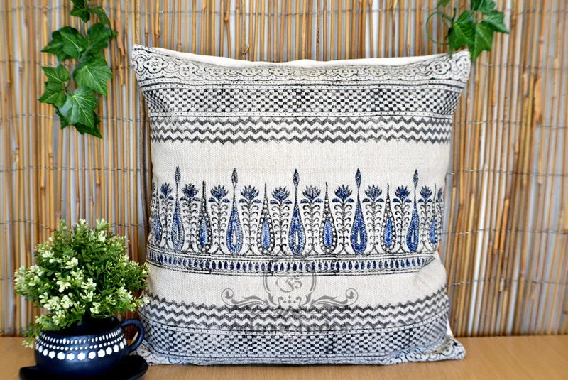 Block Print Tilak Cotton Dari Cushion Cover Blue Size 65x65cm
