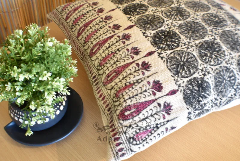 Block Print Tilak Cotton Dari Cushion Cover Burgundy Euro Size 65x65cm