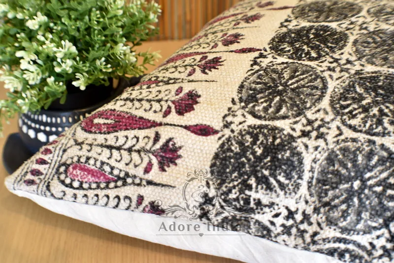 Block Print Tilak Cotton Dari Cushion Cover Burgundy Euro Size 65x65cm