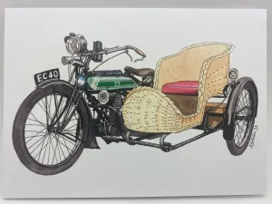 Broody Designs Triumph model H with wicker sidecar greetings card (Broody)