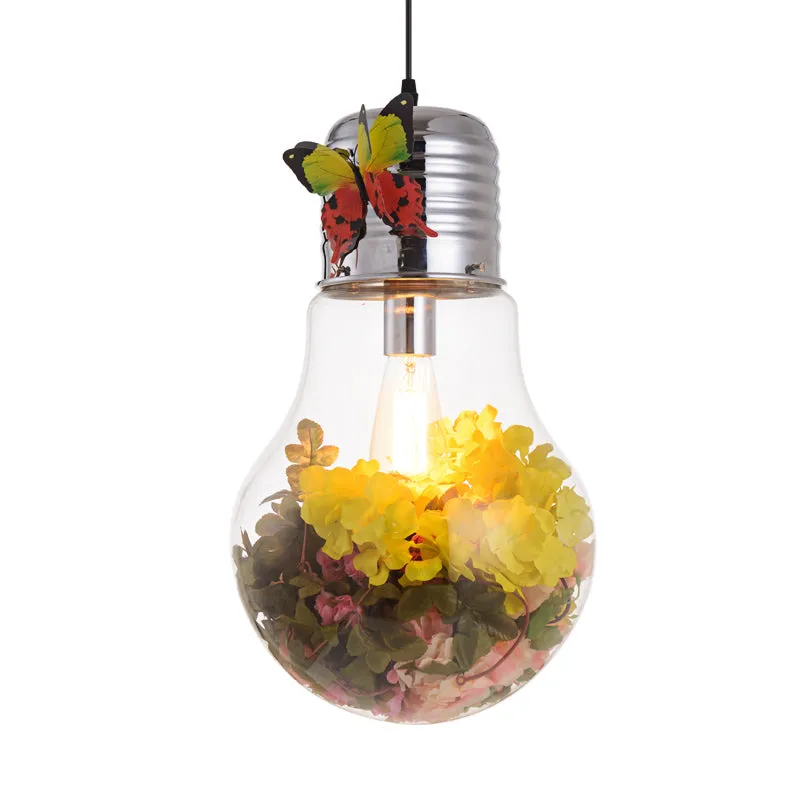 Bulb Shape Clear Glass Suspension Light - Art Deco 1-Head Silver Flower Pendant, 6"/8.5"/12" Width
