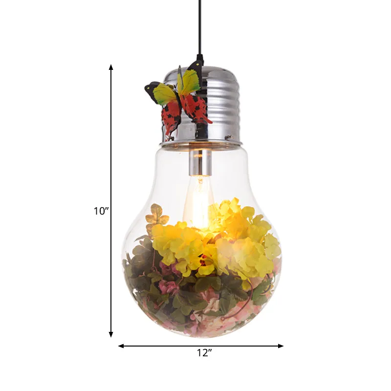 Bulb Shape Clear Glass Suspension Light - Art Deco 1-Head Silver Flower Pendant, 6"/8.5"/12" Width