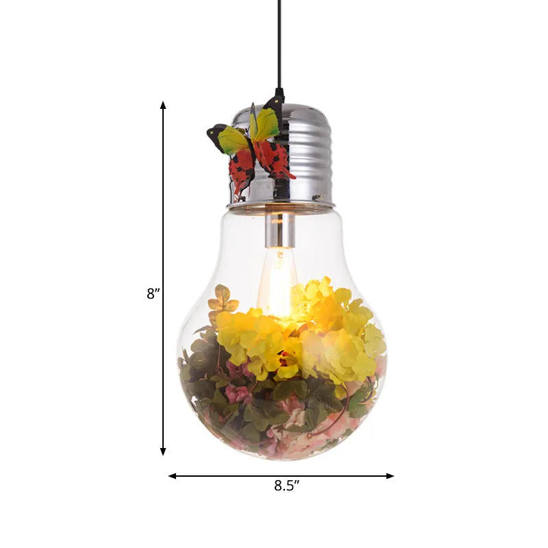 Bulb Shape Clear Glass Suspension Light - Art Deco 1-Head Silver Flower Pendant, 6"/8.5"/12" Width