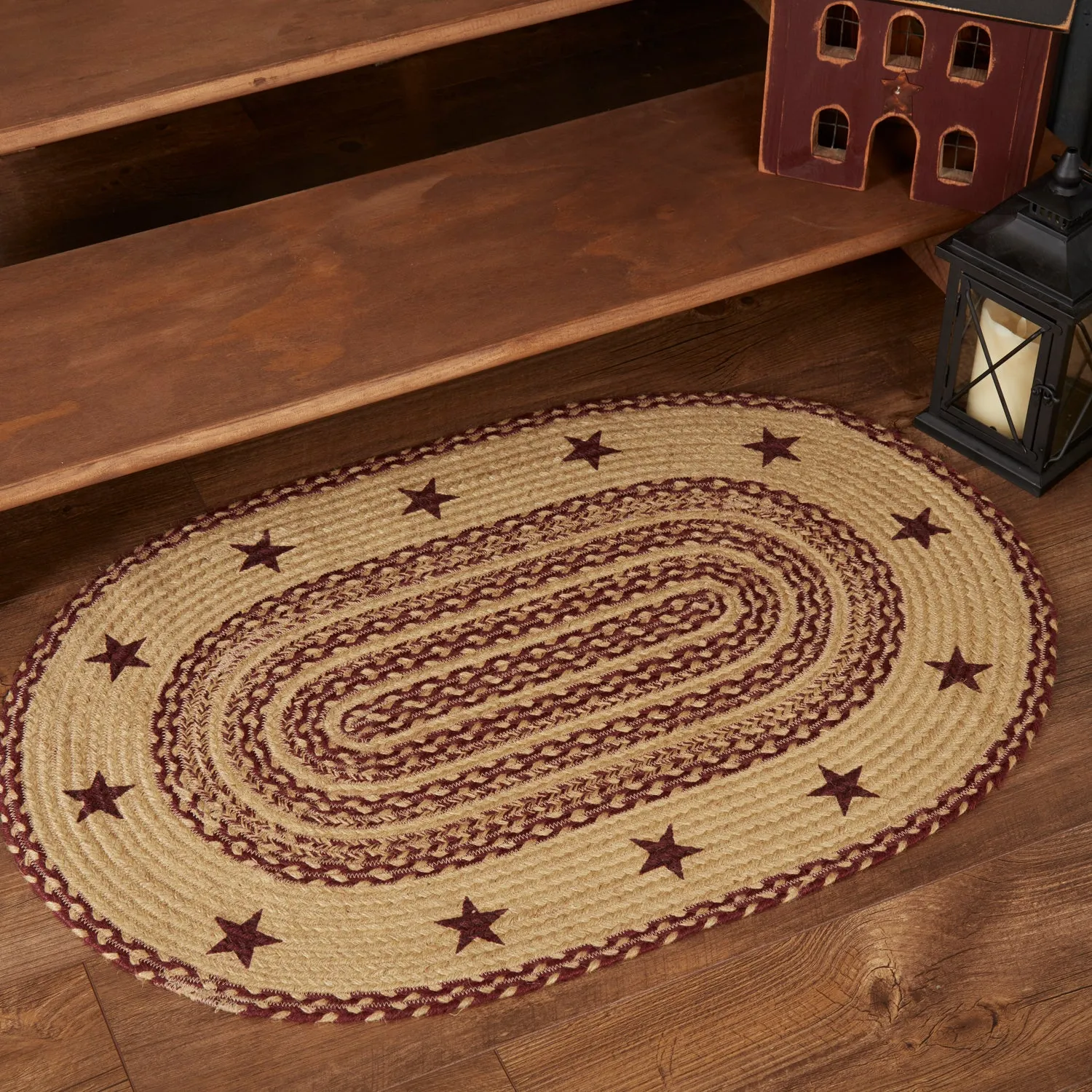 Burgundy Tan Jute Rug Stencil Stars