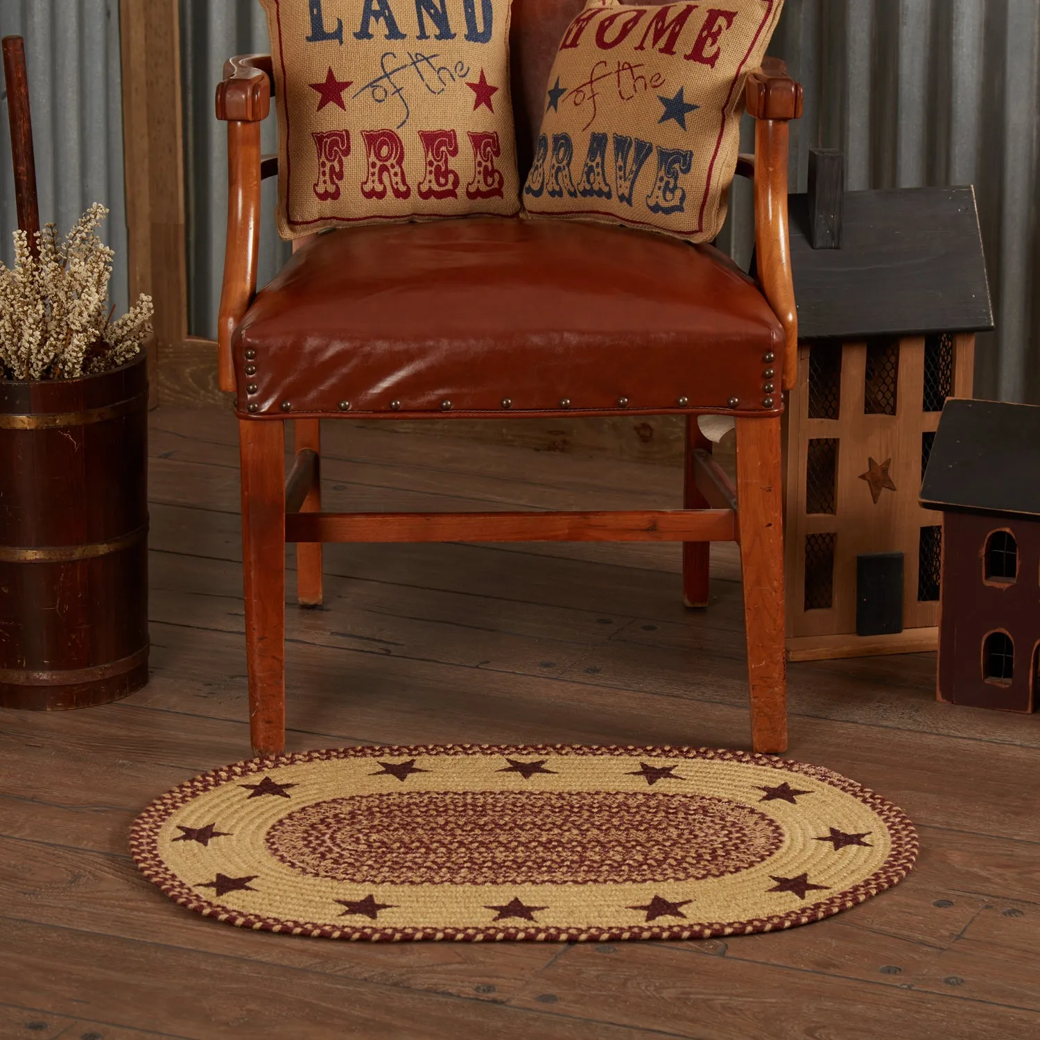 Burgundy Tan Jute Rug Stencil Stars