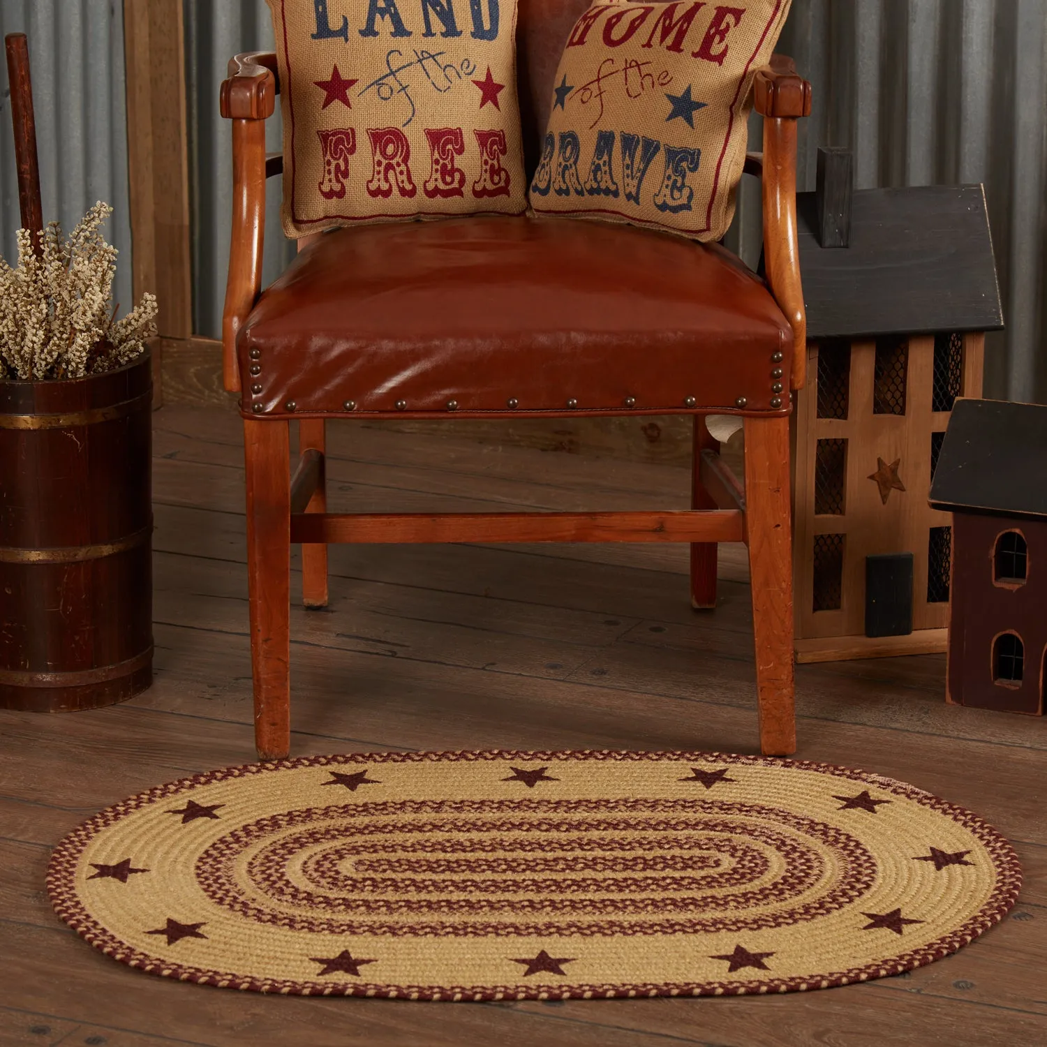 Burgundy Tan Jute Rug Stencil Stars
