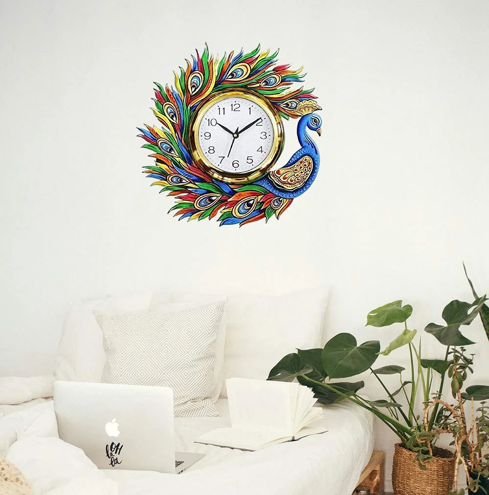 CAPIO ART Wooden Handicraft Handmade Hand Printed Animals Antique Design Wall Clock for Home, Living Room and Office Decor (Multicolour, 13 x 16 inch)