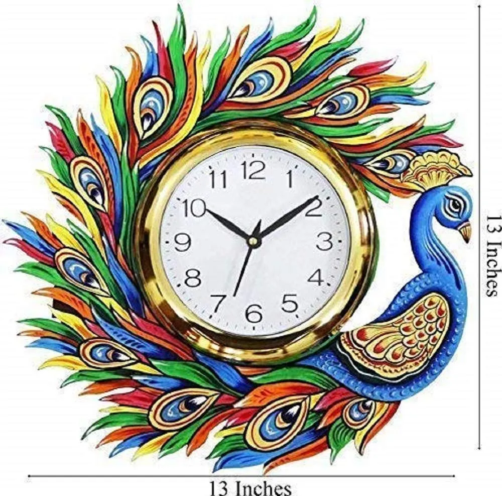 CAPIO ART Wooden Handicraft Handmade Hand Printed Animals Antique Design Wall Clock for Home, Living Room and Office Decor (Multicolour, 13 x 16 inch)