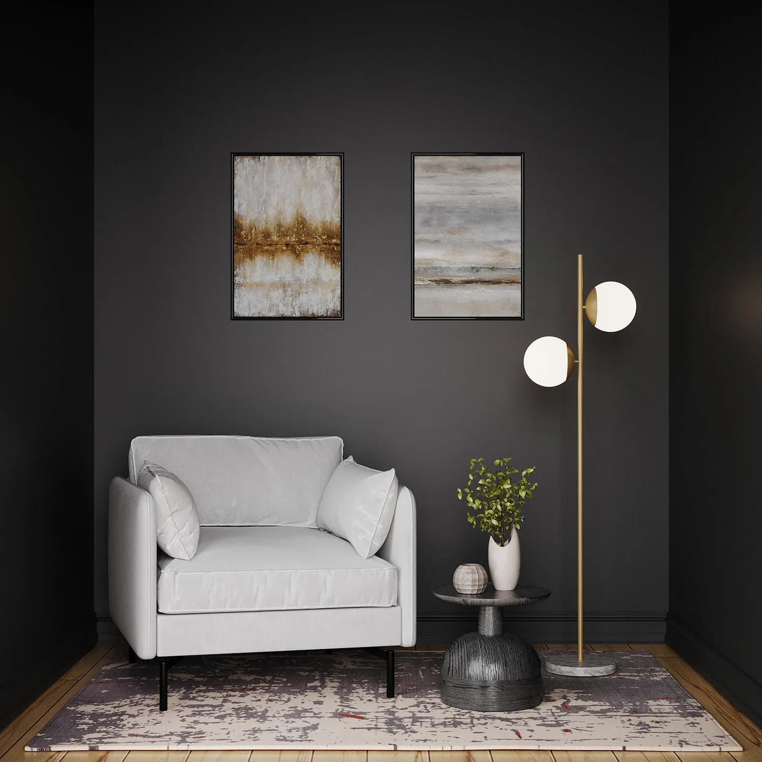 Castell 2 Globe LED Floor Lamp, Aged Brass