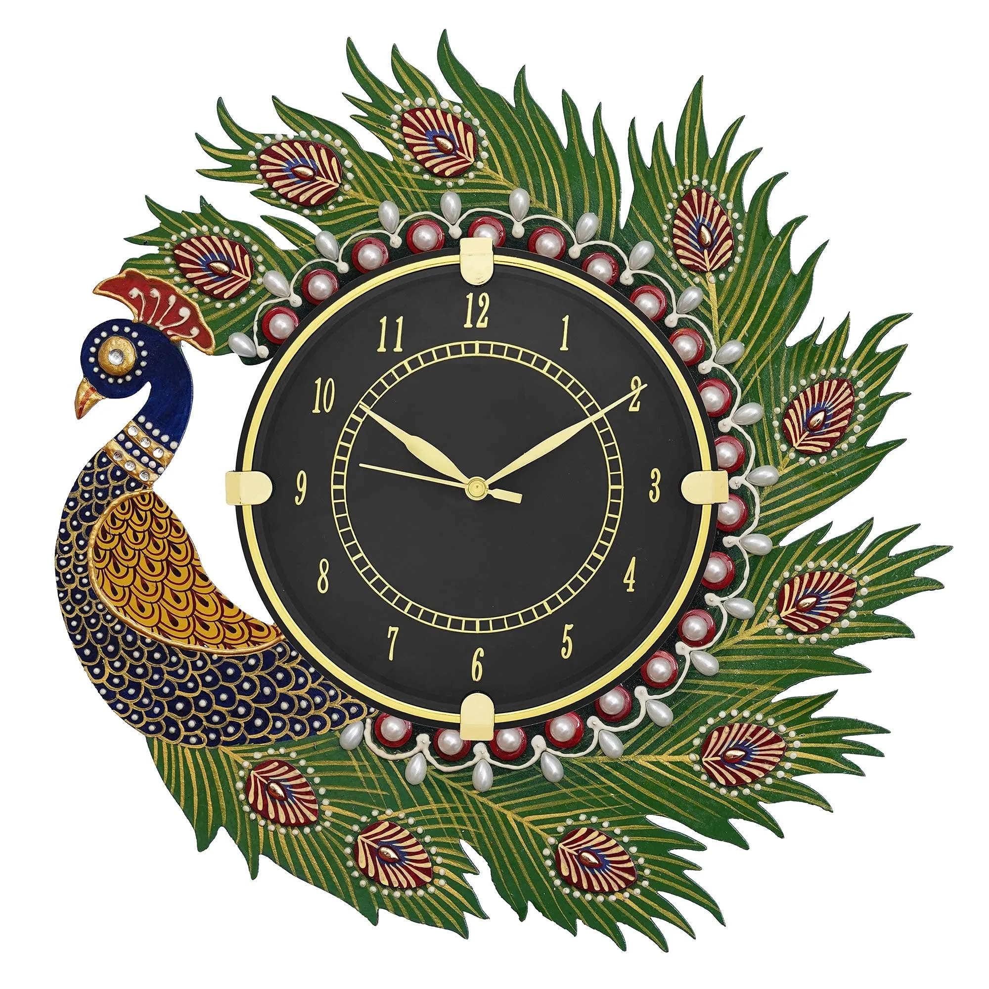 CIRCADIAN Ajanta Wooden Analog Wall Clock Design for Home Hall Living Room Decor Office Kids Bedroom Stylish Ethnic Antique Decorative Multi Colour Peacock 36 x 36 cm Pack of 1