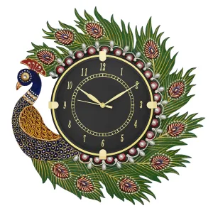 CIRCADIAN Ajanta Wooden Analog Wall Clock Design for Home Hall Living Room Decor Office Kids Bedroom Stylish Ethnic Antique Decorative Multi Colour Peacock 36 x 36 cm Pack of 1