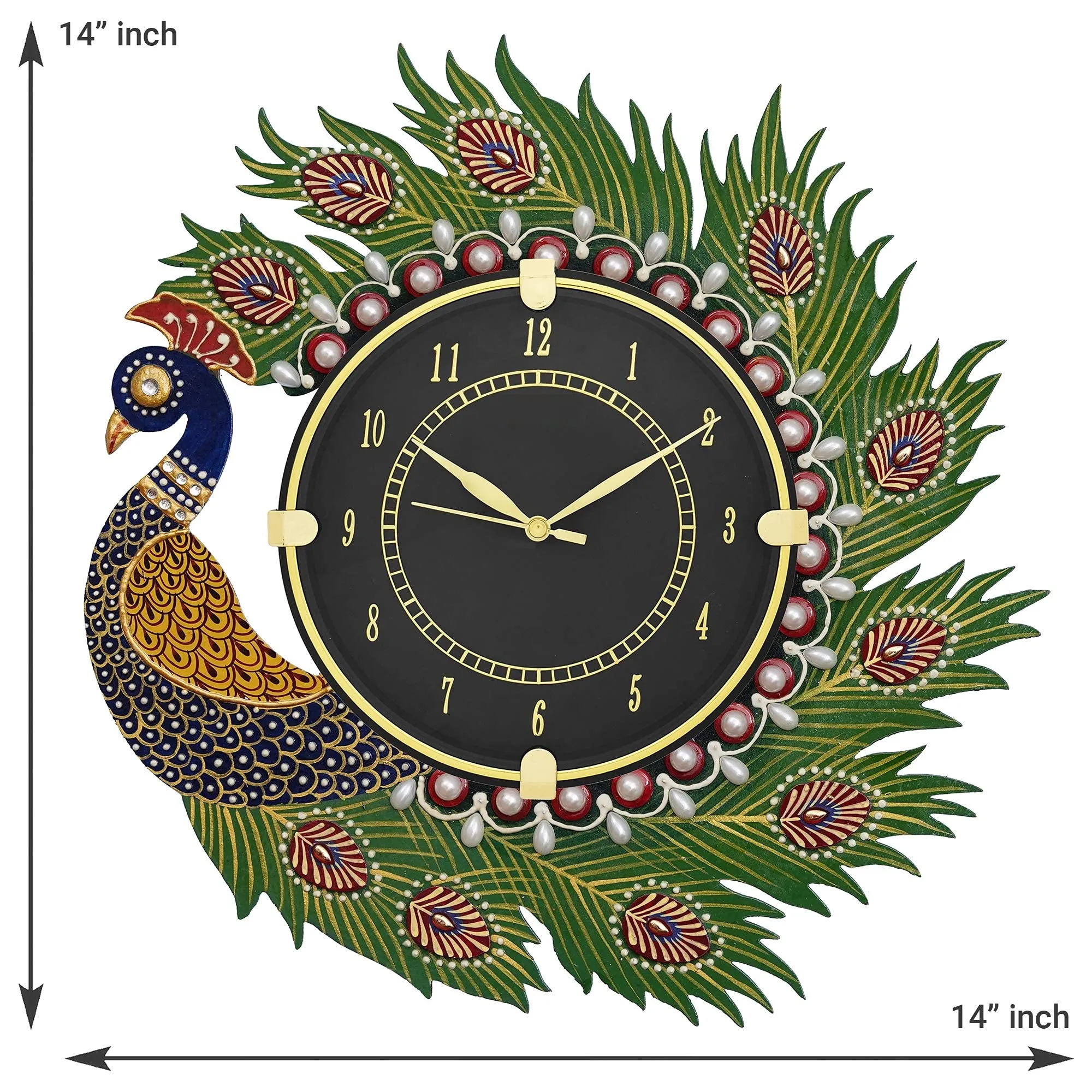 CIRCADIAN Ajanta Wooden Analog Wall Clock Design for Home Hall Living Room Decor Office Kids Bedroom Stylish Ethnic Antique Decorative Multi Colour Peacock 36 x 36 cm Pack of 1