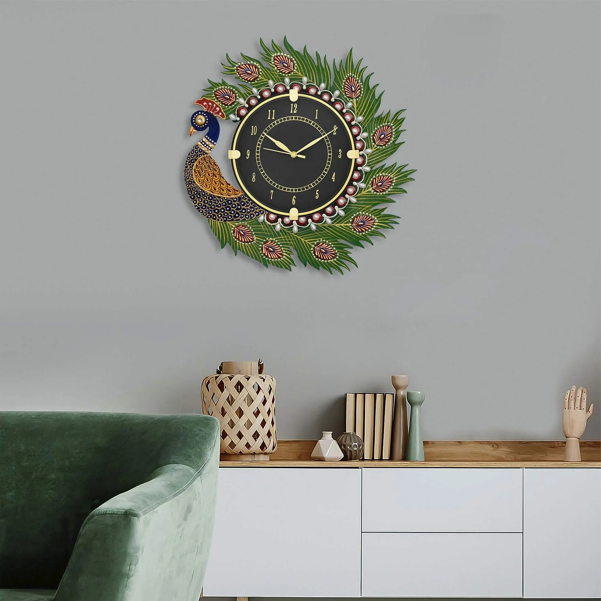 CIRCADIAN Ajanta Wooden Analog Wall Clock Design for Home Hall Living Room Decor Office Kids Bedroom Stylish Ethnic Antique Decorative Multi Colour Peacock 36 x 36 cm Pack of 1
