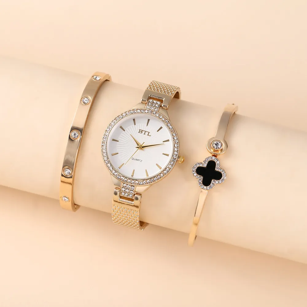 Creative and exquisite, personality, simple temperament, casual thin strap, mesh strap, quartz watch bracelet set (3pcs/set)