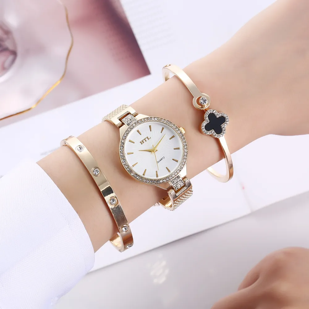 Creative and exquisite, personality, simple temperament, casual thin strap, mesh strap, quartz watch bracelet set (3pcs/set)