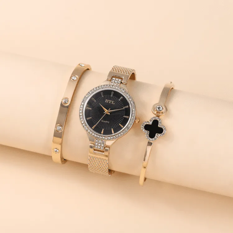 Creative and exquisite, personality, simple temperament, casual thin strap, mesh strap, quartz watch bracelet set (3pcs/set)