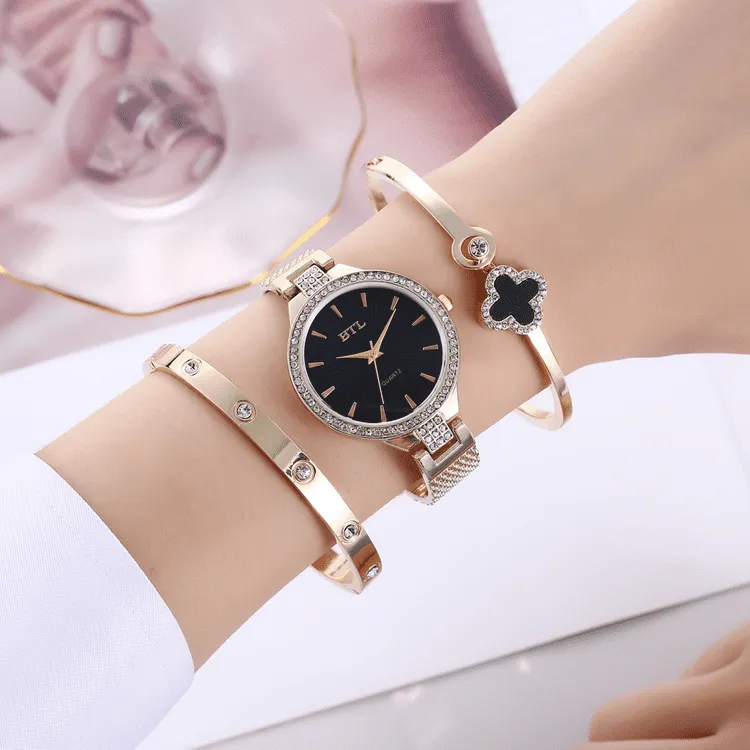 Creative and exquisite, personality, simple temperament, casual thin strap, mesh strap, quartz watch bracelet set (3pcs/set)