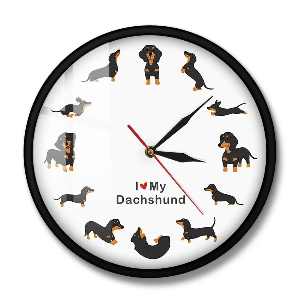 Cute Doxie Cartoon Style Dachshund Wall Clock Dog Breed Timepiece Sausage Dog