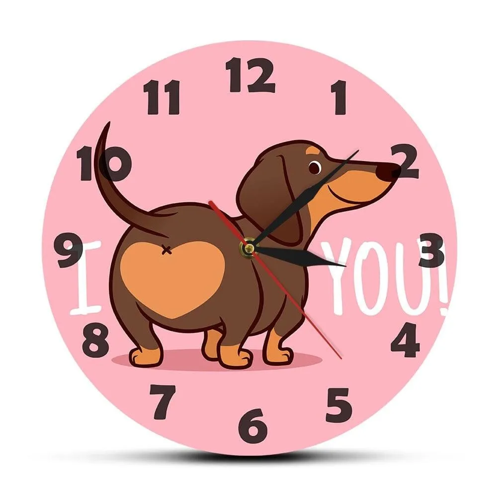Dachshund Puppy Dog Pink Wall Clock Funny i Love you Heart Sausage Dog Butt