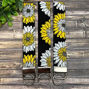 Daisy Black and Yellow White Daisies Handmade Wristlet Keyfob, Wrist Key Fob, Cotton Key Fob, Gift Idea
