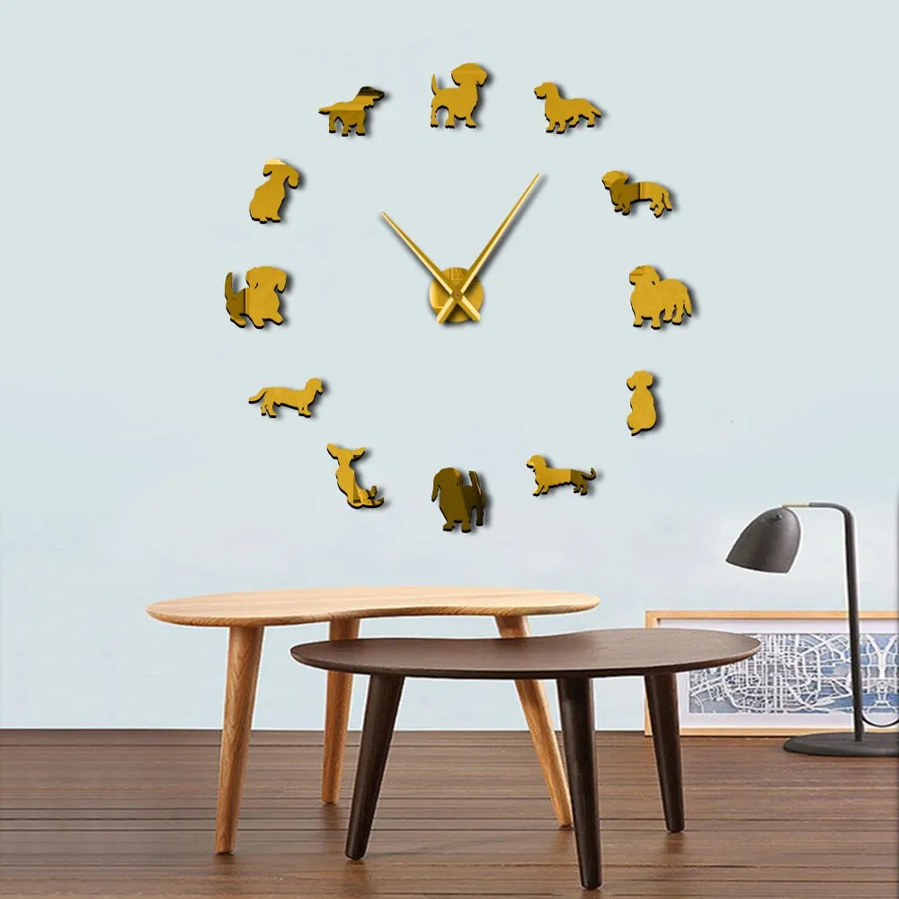 DIY Dachshund Wall Art Wiener-Dog Puppy Dog Pet Frameless Giant Wall Clock With Mirror Effect Sausage Dog Large Clock Wall Watch