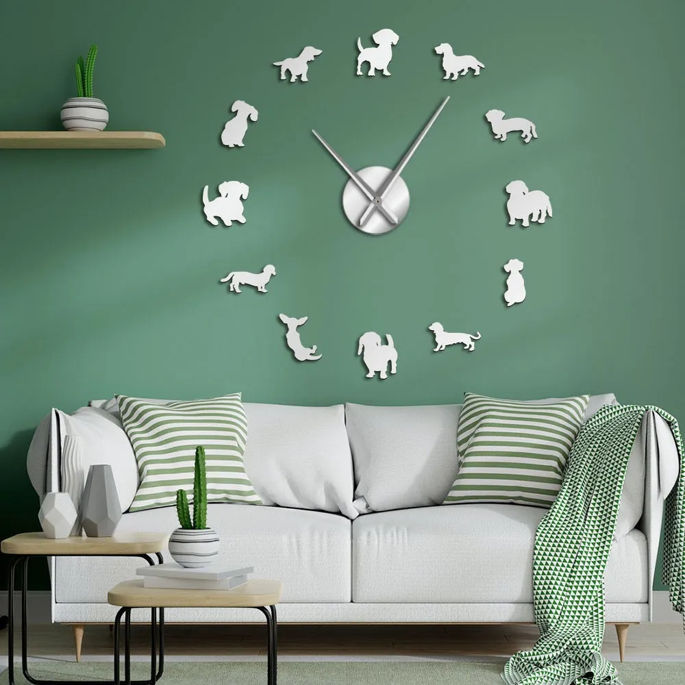 DIY Dachshund Wall Art Wiener-Dog Puppy Dog Pet Frameless Giant Wall Clock With Mirror Effect Sausage Dog Large Clock Wall Watch