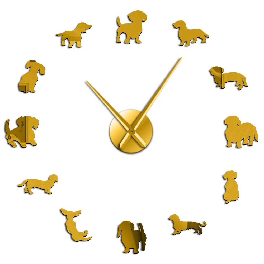 DIY Dachshund Wall Art Wiener-Dog Puppy Dog Pet Frameless Giant Wall Clock With Mirror Effect Sausage Dog Large Clock Wall Watch