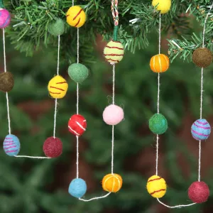 Embroidered Handmade Felt Holiday Garland - Gumdrop Pompoms | NOVICA