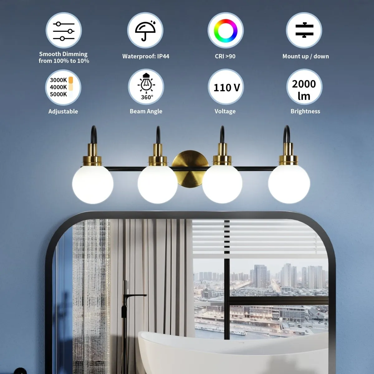 ExBrite Farmhouse Style 4-Light LED Vanity Light Fixture with Dimmable Switch