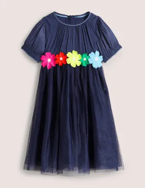 Flower Appliqué Dress-College Navy