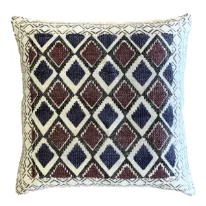 Geometrical Block Print Indigo Burgundy Cotton Dari Cushion Cover Euro Size 65x65cm