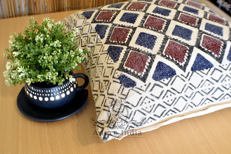 Geometrical Block Print Indigo Burgundy Cotton Dari Cushion Cover Euro Size 65x65cm