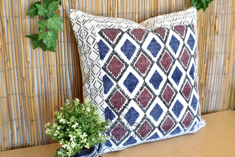 Geometrical Block Print Indigo Burgundy Cotton Dari Cushion Cover Euro Size 65x65cm