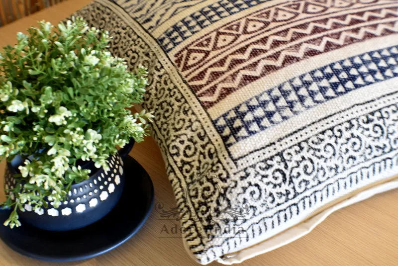 Geometrical zigzag Block Print Cotton Dari Cushion Cover Size 65x65cm