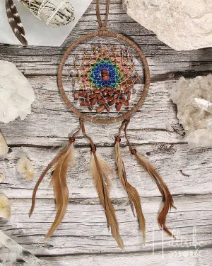 Goldstone Gemstone Brown Leather Energy Flow Dreamcatcher 4"