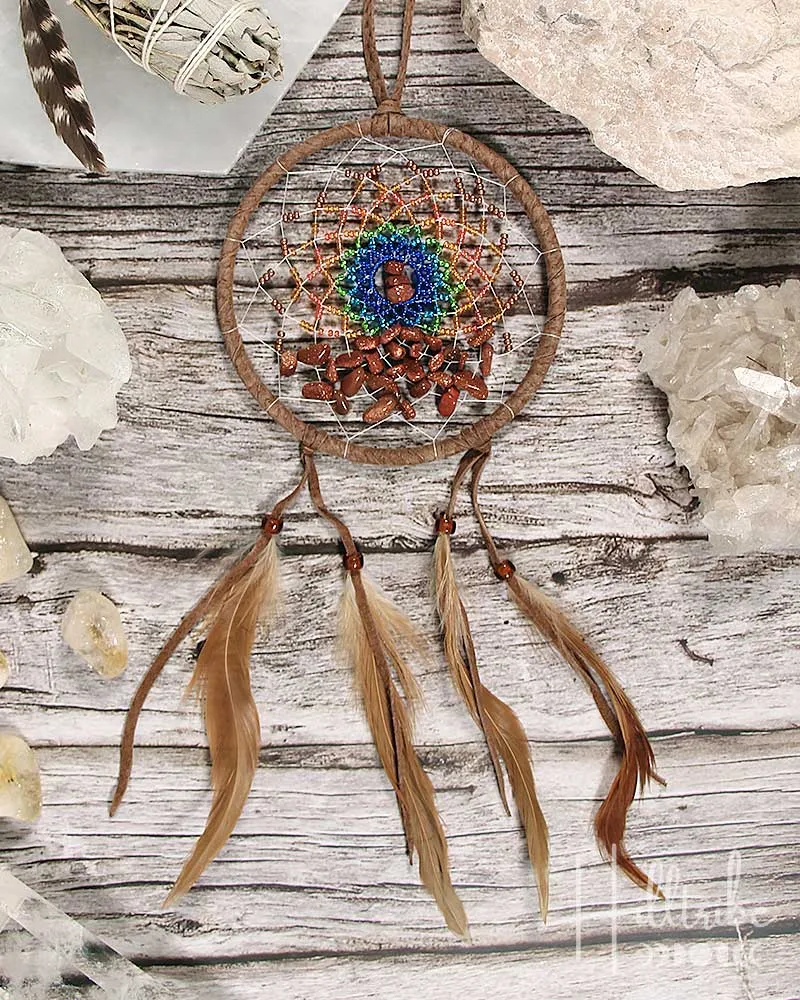 Goldstone Gemstone Brown Leather Energy Flow Dreamcatcher 4"