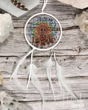 Goldstone Gemstone   White Leather Energy Flow Dreamcatcher 4"